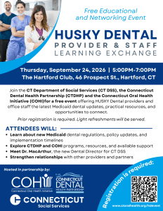 Flyer for free educational learning event for HUSKY dental providers and staff